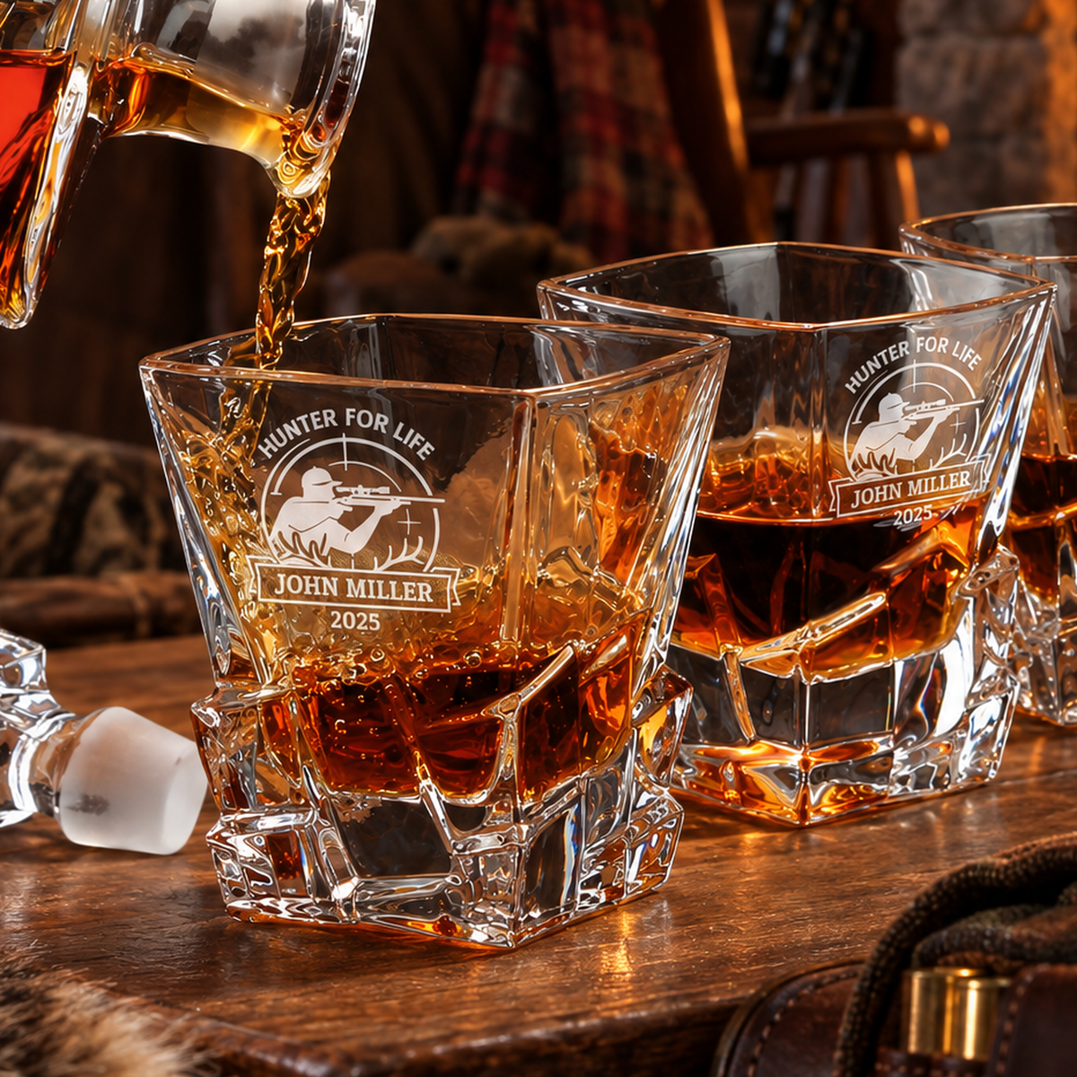 Gift for Hunters – Rocks Decanter Set with 2 Glasses, 8 Whiskey Cubes & Wooden Box – image 04