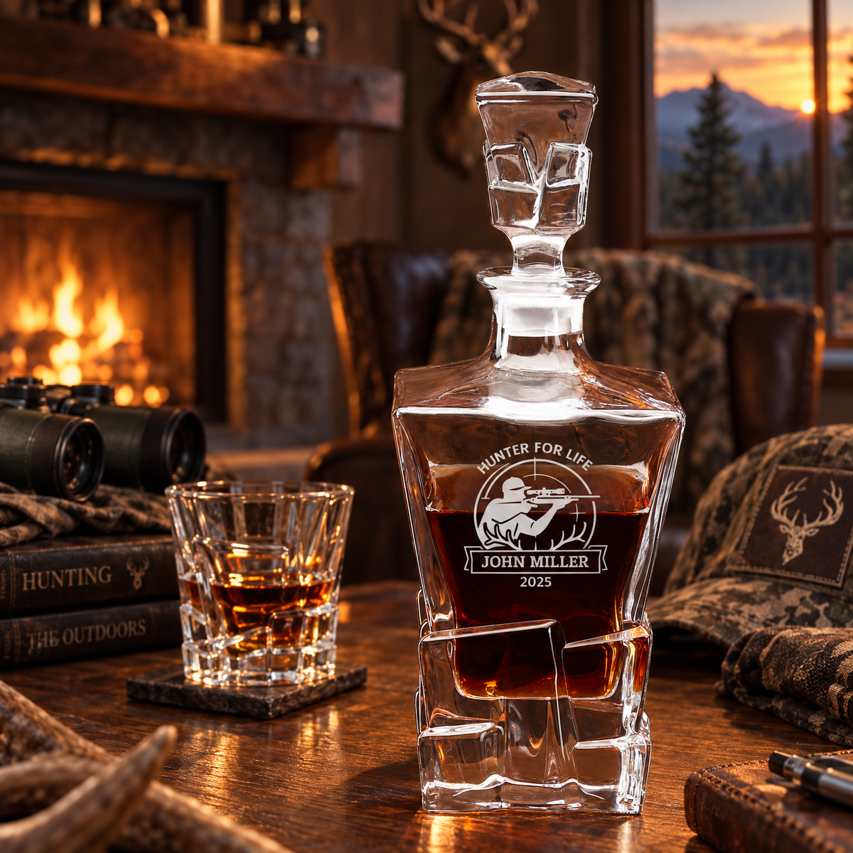 Gift for Hunters – Rocks Decanter Set with 2 Glasses, 8 Whiskey Cubes & Wooden Box product image
