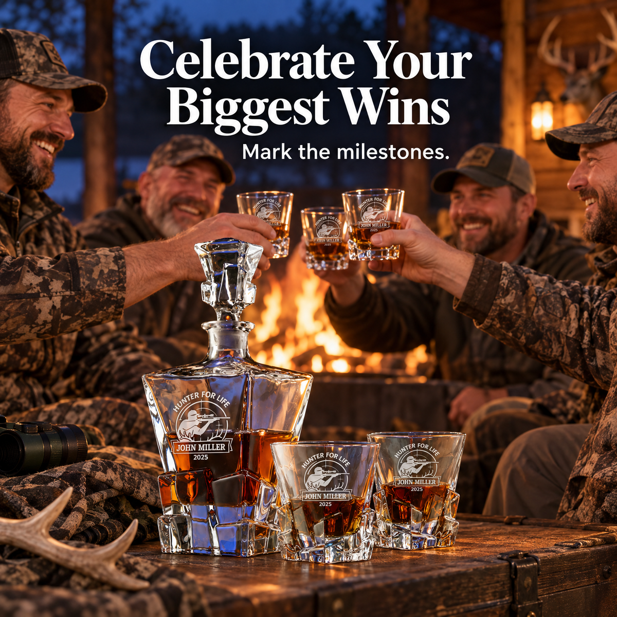 Gift for Hunters – Rocks Decanter Set with 2 Glasses, 8 Whiskey Cubes & Wooden Box – image 07