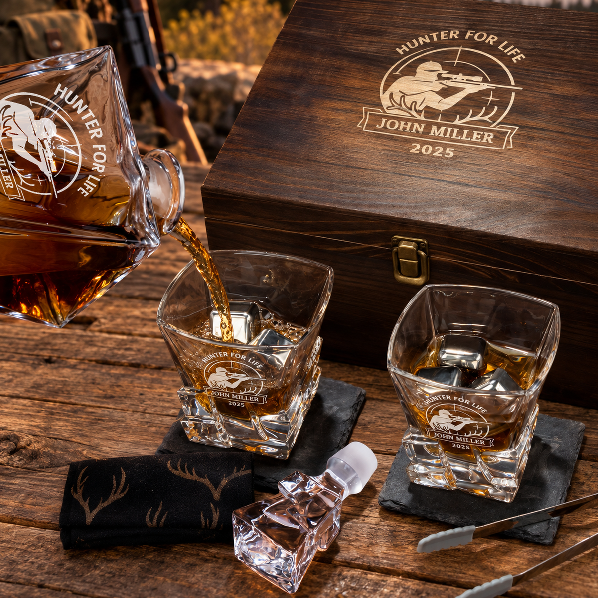 Gift for Hunters – Rocks Decanter Set with 2 Glasses, 8 Whiskey Cubes & Wooden Box – image 08