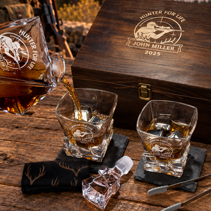 Gift for Hunters – Rocks Decanter Set with 2 Glasses, 8 Whiskey Cubes & Wooden Box – image 08