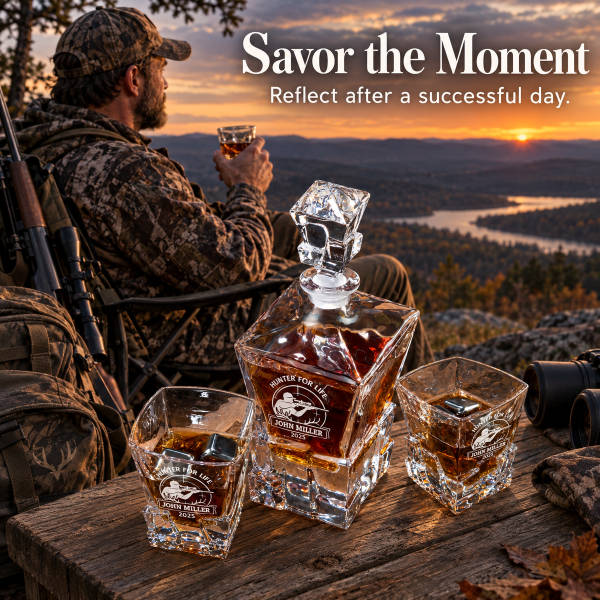 Gift for Hunters – Rocks Decanter Set with 2 Glasses, 8 Whiskey Cubes & Wooden Box – image 09
