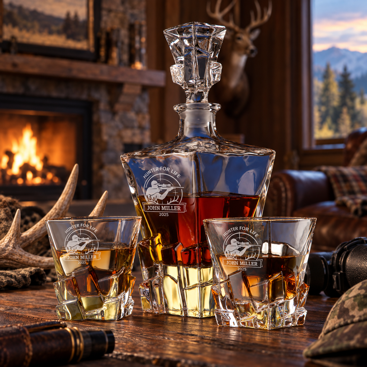 Gift for Hunters – Rocks Decanter Set with 2 Glasses, 8 Whiskey Cubes & Wooden Box product image