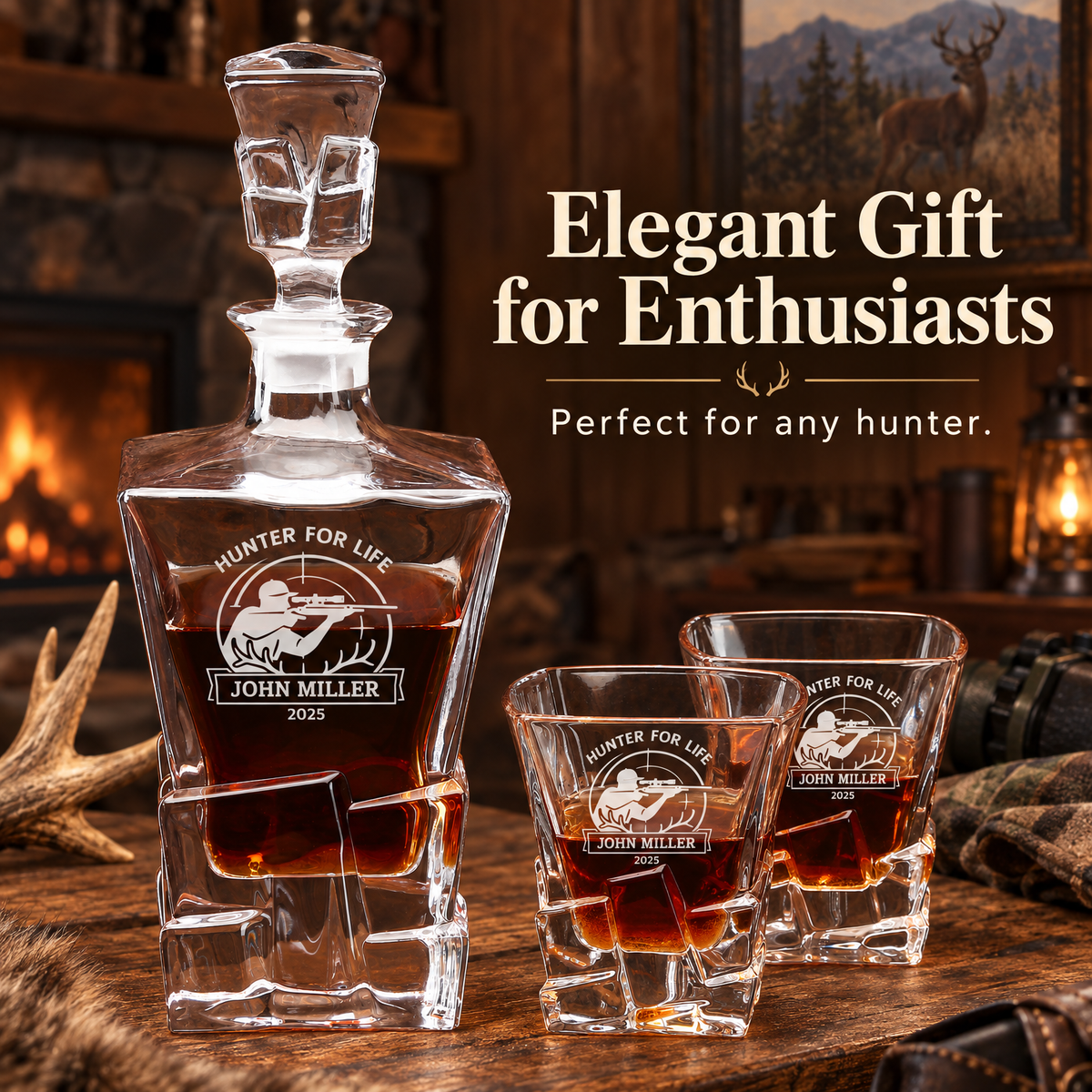 Gift for Hunters – Rocks Decanter Set with 2 Glasses, 8 Whiskey Cubes & Wooden Box – image 14
