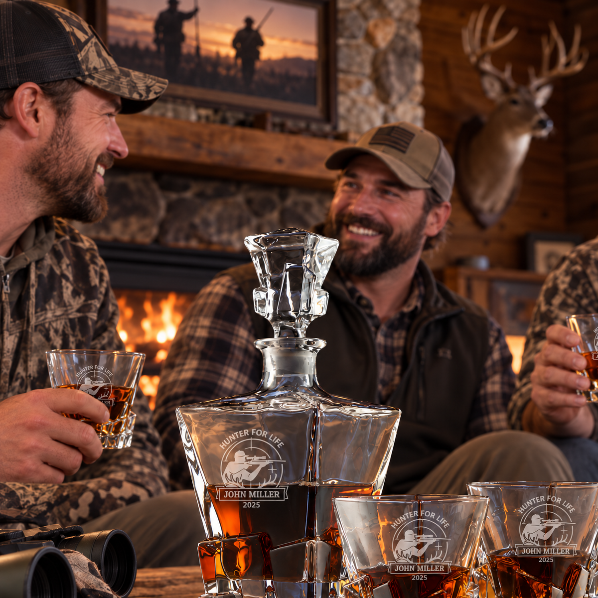 Gift for Hunters – Rocks Decanter Set with 2 Glasses, 8 Whiskey Cubes & Wooden Box product image