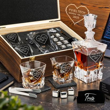 Technology Company Gifts – Rocks Decanter Set with 2 Glasses, 8 Whiskey Cubes & Wooden Box – image 01