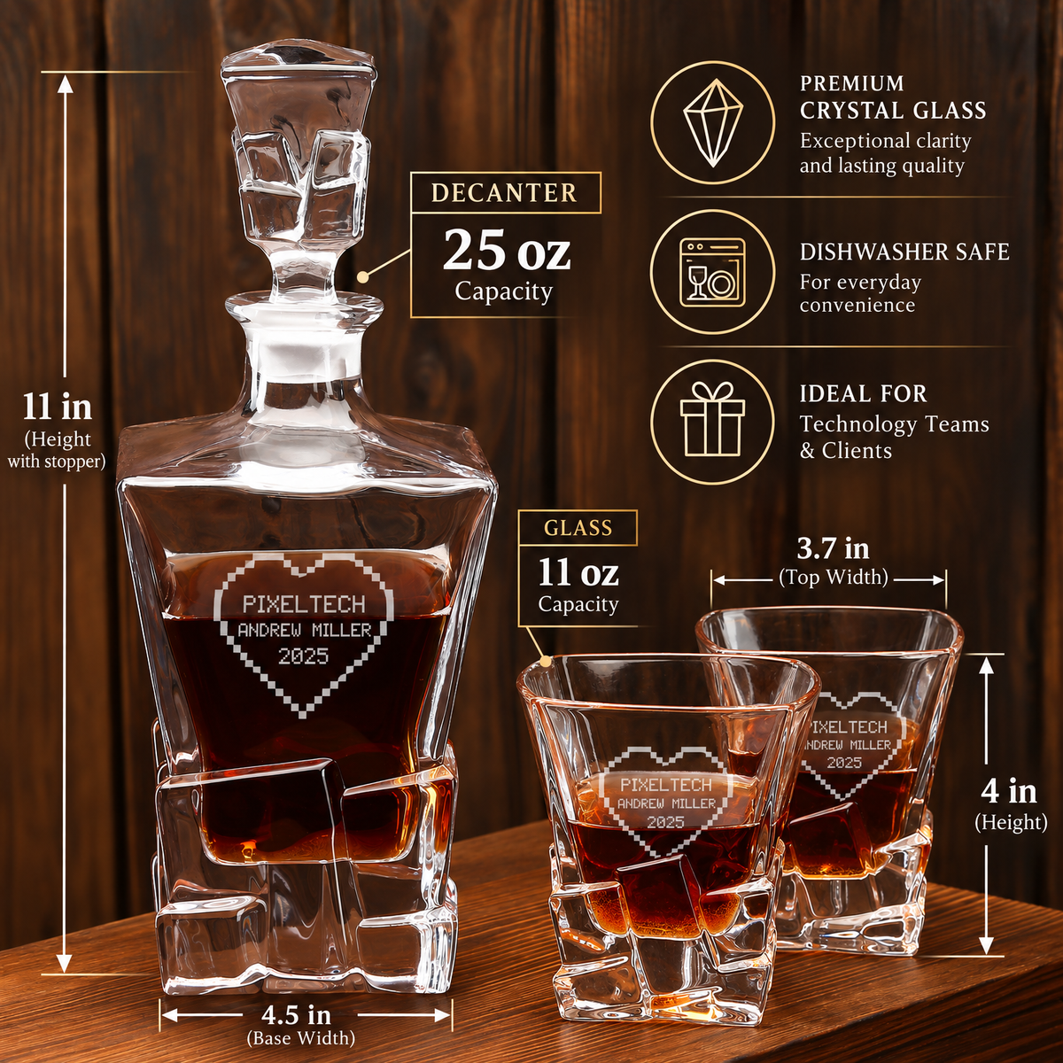 Technology Company Gifts – Rocks Decanter Set with 2 Glasses, 8 Whiskey Cubes & Wooden Box – image 02