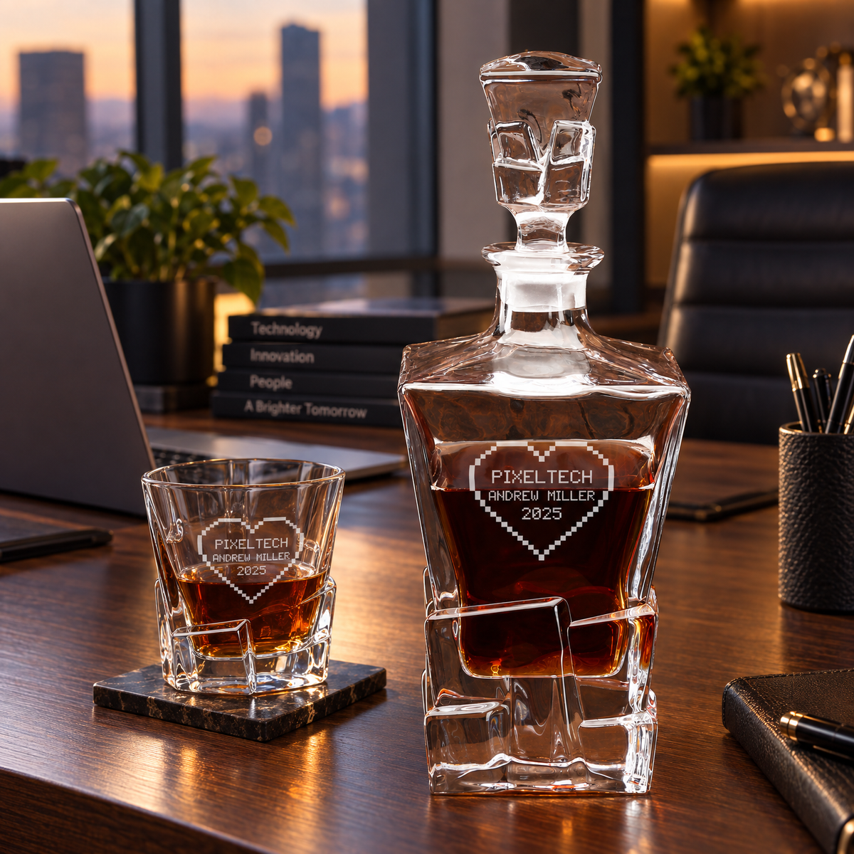 Technology Company Gifts – Rocks Decanter Set with 2 Glasses, 8 Whiskey Cubes & Wooden Box product image