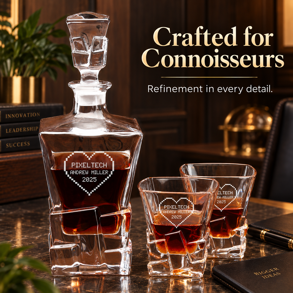 Technology Company Gifts – Rocks Decanter Set with 2 Glasses, 8 Whiskey Cubes & Wooden Box – image 14