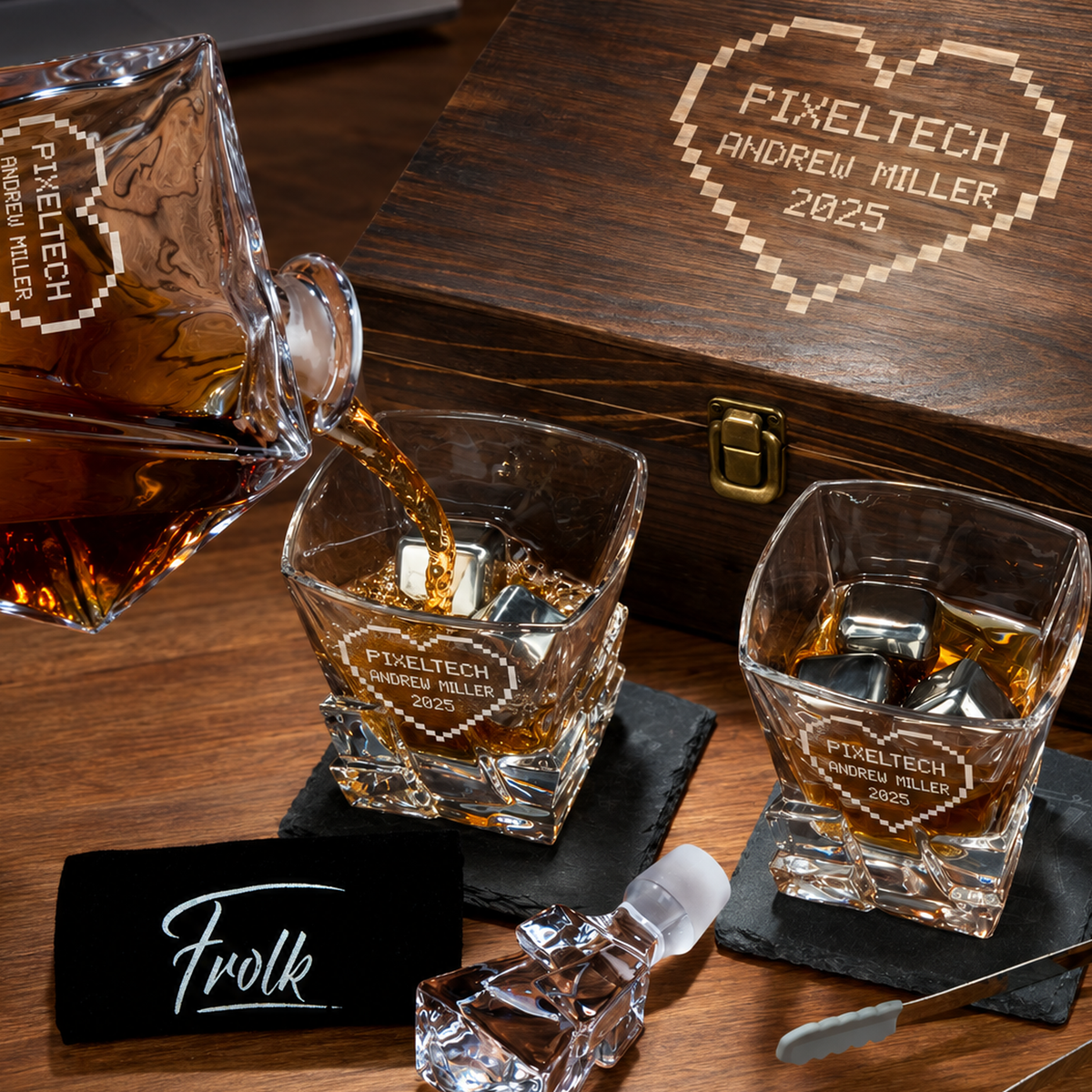 Technology Company Gifts – Rocks Decanter Set with 2 Glasses, 8 Whiskey Cubes & Wooden Box product image