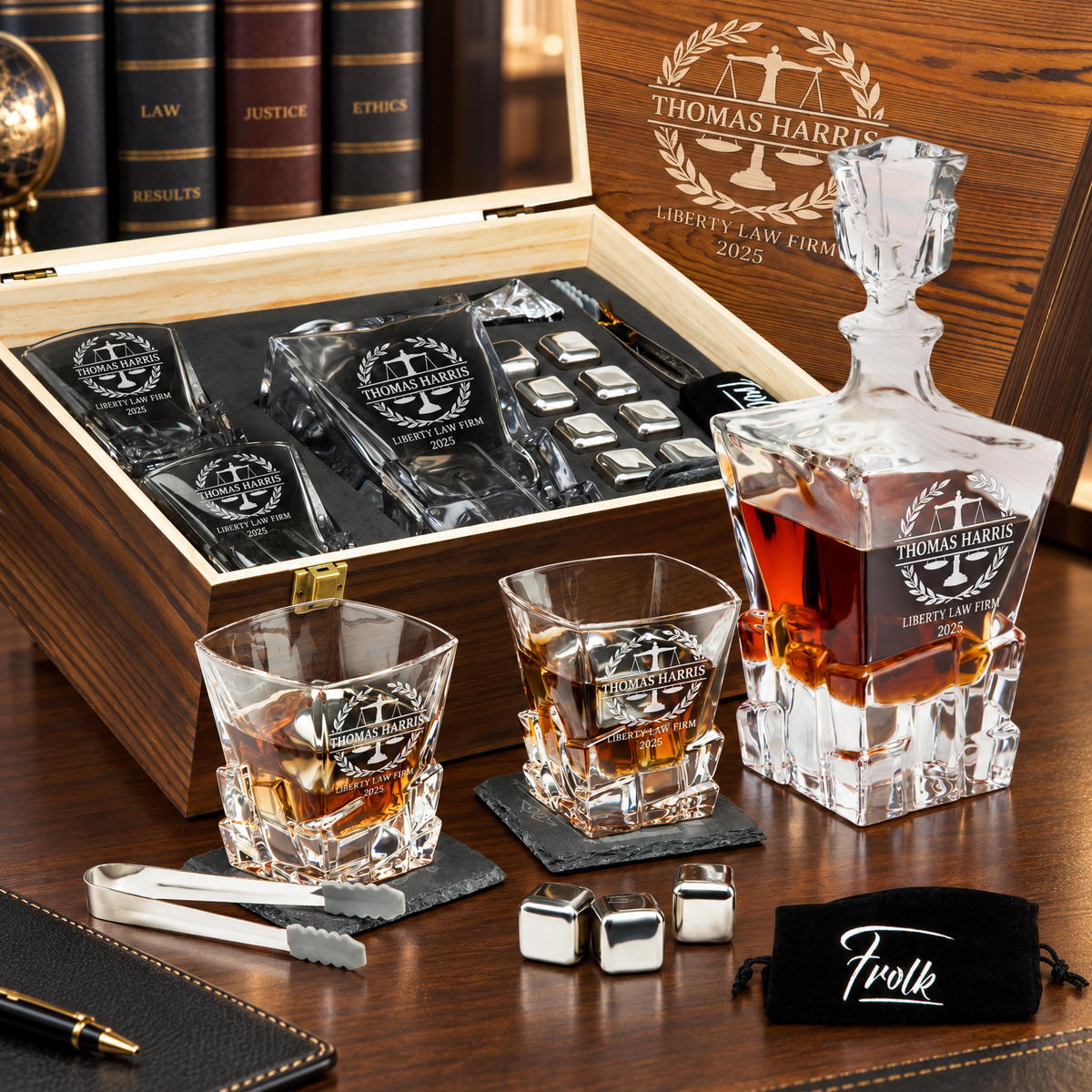 Legal Company Gifts – Rocks Decanter Set with 2 Glasses, 8 Whiskey Cubes & Wooden Box – image 01