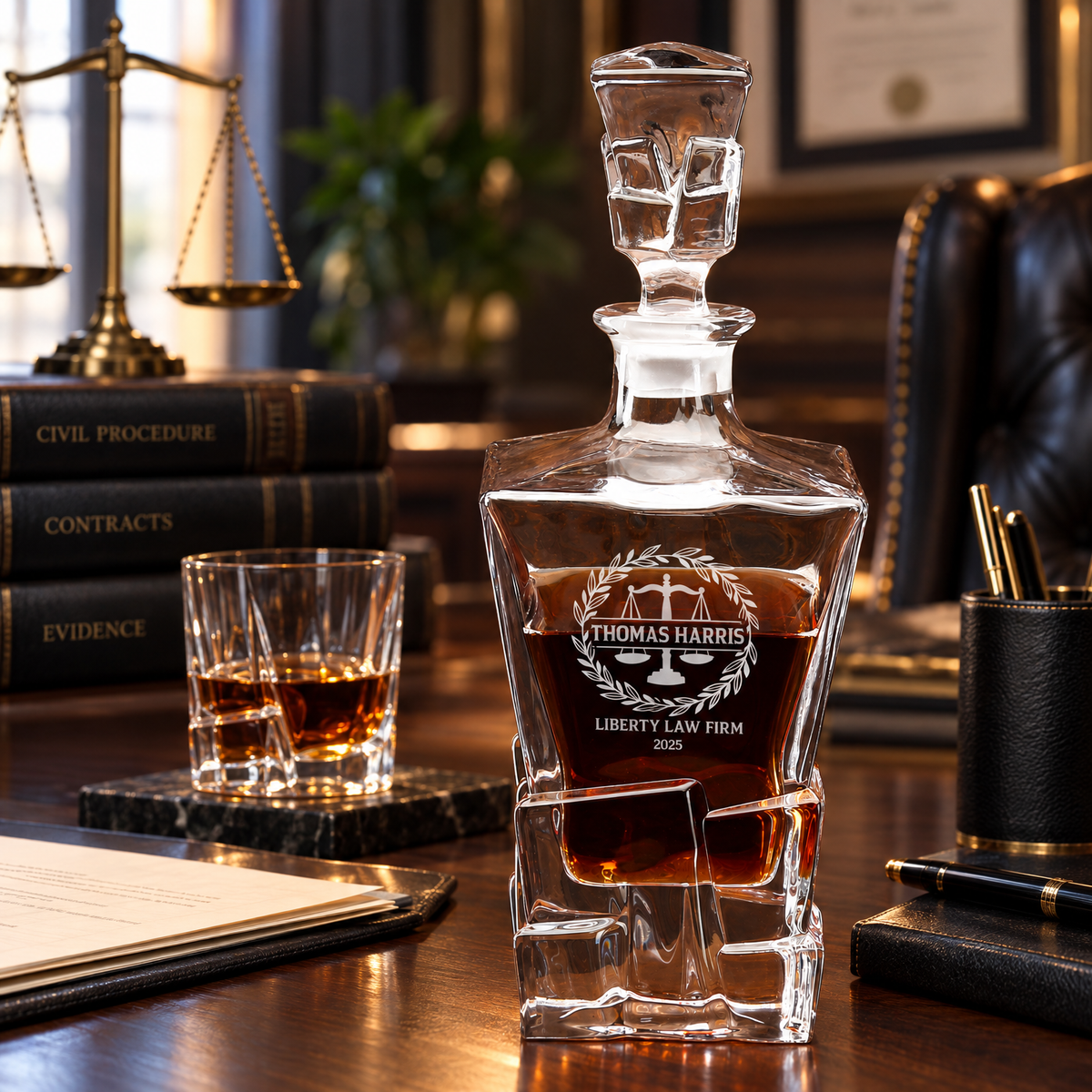 Legal Company Gifts – Rocks Decanter Set with 2 Glasses, 8 Whiskey Cubes & Wooden Box – image 06