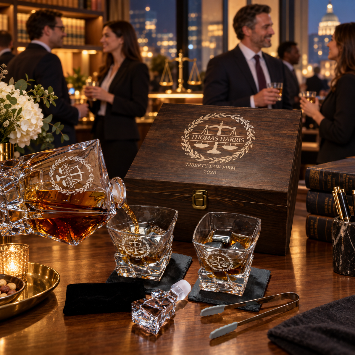 Legal Company Gifts – Rocks Decanter Set with 2 Glasses, 8 Whiskey Cubes & Wooden Box product image