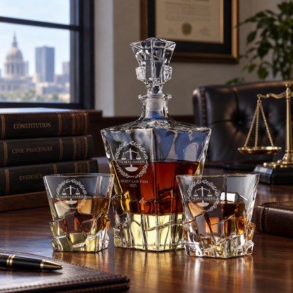Legal Company Gifts – Rocks Decanter Set with 2 Glasses, 8 Whiskey Cubes & Wooden Box – image 10