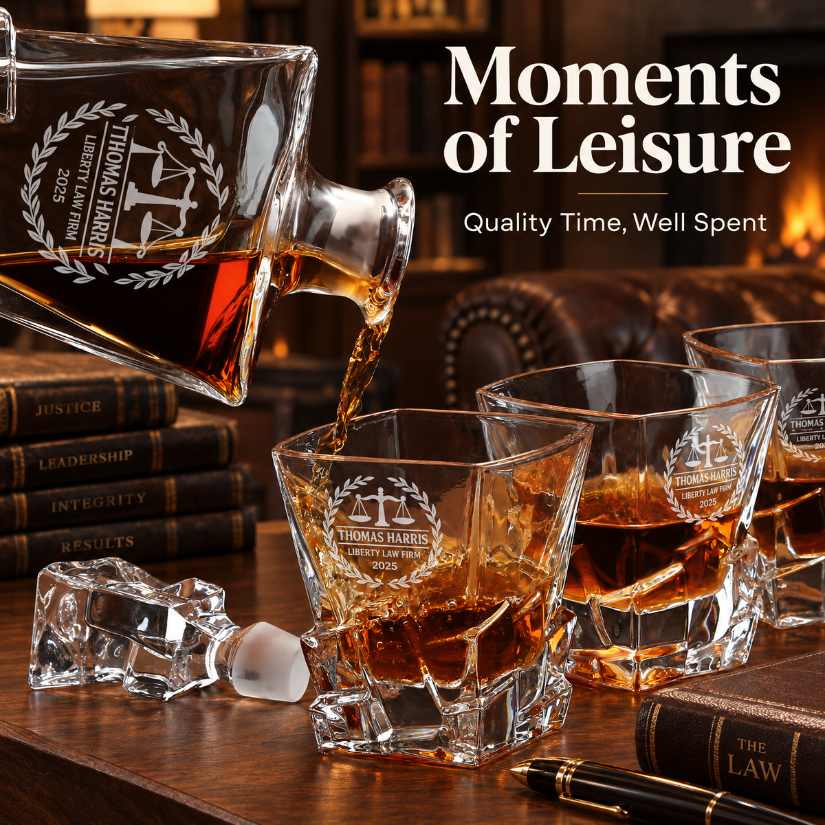 Legal Company Gifts – Rocks Decanter Set with 2 Glasses, 8 Whiskey Cubes & Wooden Box – image 16