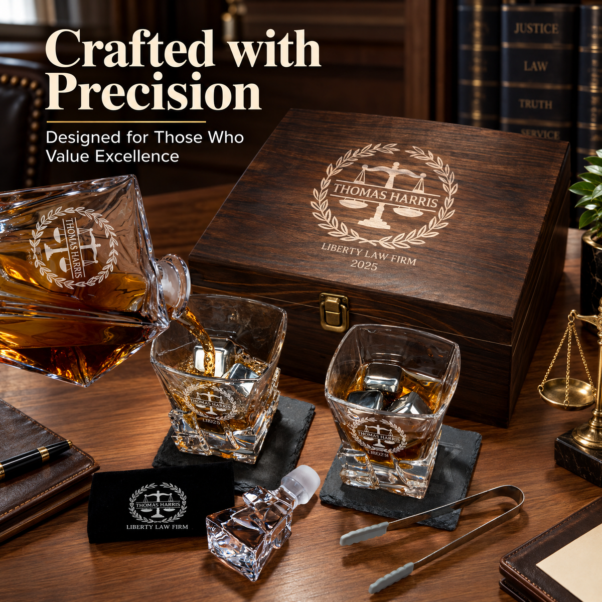 Legal Company Gifts – Rocks Decanter Set with 2 Glasses, 8 Whiskey Cubes & Wooden Box product image