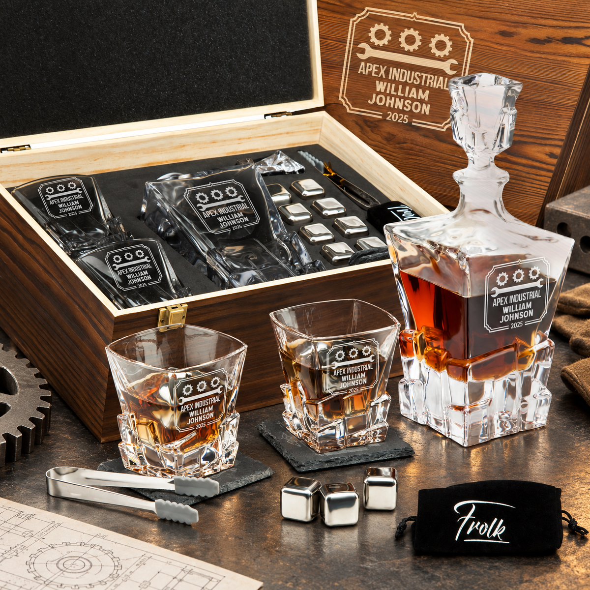Manufacturing Company Gifts – Rocks Decanter Set with 2 Glasses, 8 Whiskey Cubes & Wooden Box – image 01