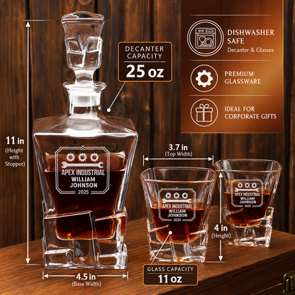 Manufacturing Company Gifts – Rocks Decanter Set with 2 Glasses, 8 Whiskey Cubes & Wooden Box – image 02
