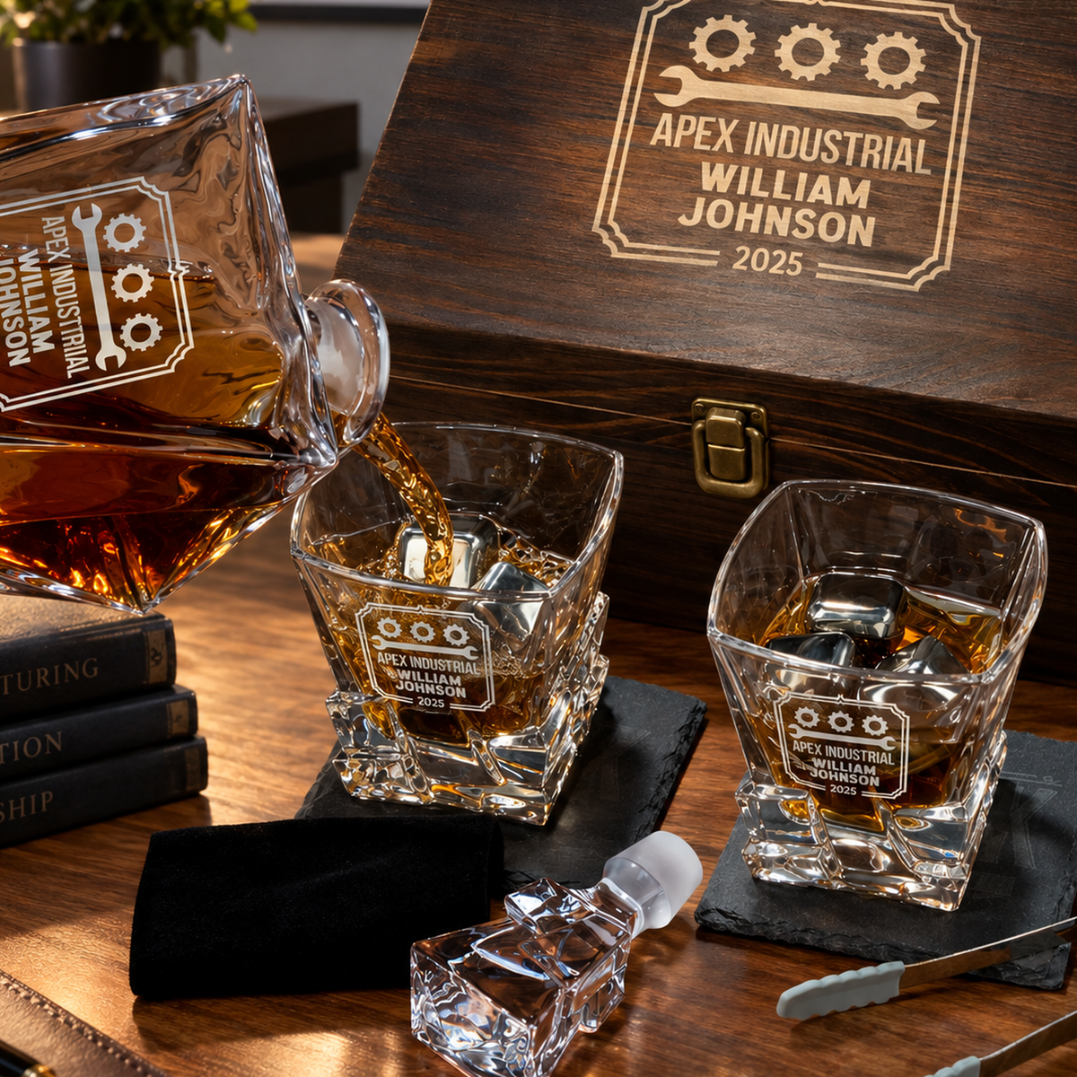 Manufacturing Company Gifts – Rocks Decanter Set with 2 Glasses, 8 Whiskey Cubes & Wooden Box – image 08