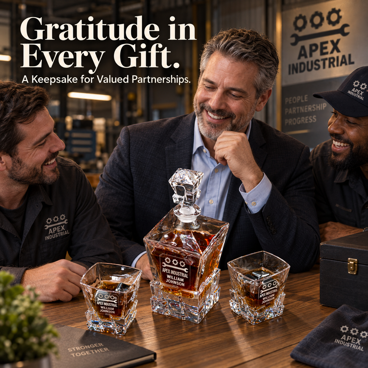 Manufacturing Company Gifts – Rocks Decanter Set with 2 Glasses, 8 Whiskey Cubes & Wooden Box – image 09