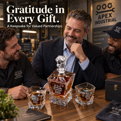 Manufacturing Company Gifts – Rocks Decanter Set with 2 Glasses, 8 Whiskey Cubes & Wooden Box – image 09