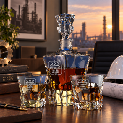 Manufacturing Company Gifts – Rocks Decanter Set with 2 Glasses, 8 Whiskey Cubes & Wooden Box – image 10