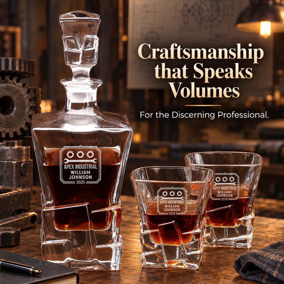 Manufacturing Company Gifts – Rocks Decanter Set with 2 Glasses, 8 Whiskey Cubes & Wooden Box – image 14