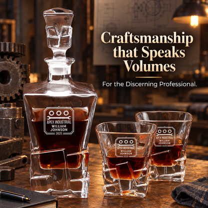 Manufacturing Company Gifts – Rocks Decanter Set with 2 Glasses, 8 Whiskey Cubes & Wooden Box – image 14
