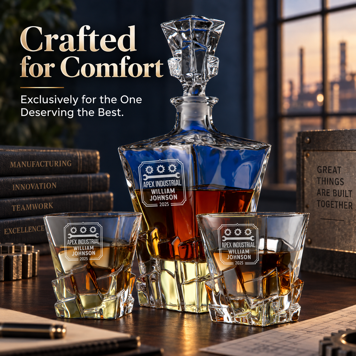 Manufacturing Company Gifts – Rocks Decanter Set with 2 Glasses, 8 Whiskey Cubes & Wooden Box – image 20
