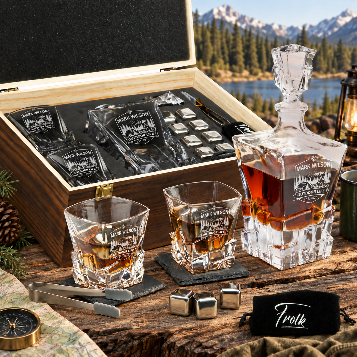 Gift for Outdoorsmen – Rocks Decanter Set with 2 Glasses, 8 Whiskey Cubes & Wooden Box – image 01