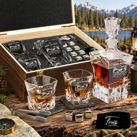 Gift for Outdoorsmen – Rocks Decanter Set with 2 Glasses, 8 Whiskey Cubes & Wooden Box – image 01