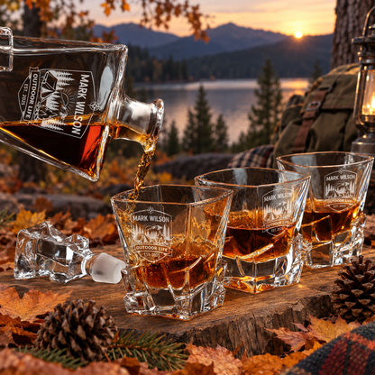 Gift for Outdoorsmen – Rocks Decanter Set with 2 Glasses, 8 Whiskey Cubes & Wooden Box – image 04