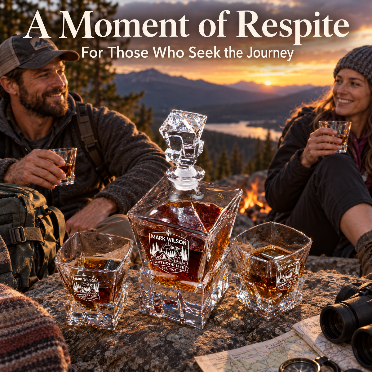 Gift for Outdoorsmen – Rocks Decanter Set with 2 Glasses, 8 Whiskey Cubes & Wooden Box product image