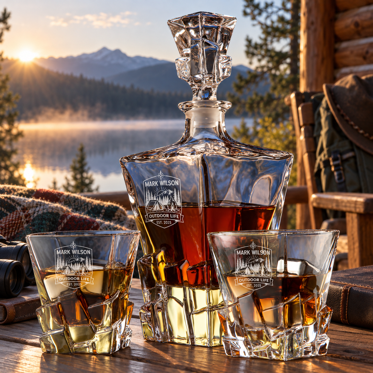Gift for Outdoorsmen – Rocks Decanter Set with 2 Glasses, 8 Whiskey Cubes & Wooden Box – image 10