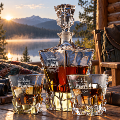 Gift for Outdoorsmen – Rocks Decanter Set with 2 Glasses, 8 Whiskey Cubes & Wooden Box – image 10
