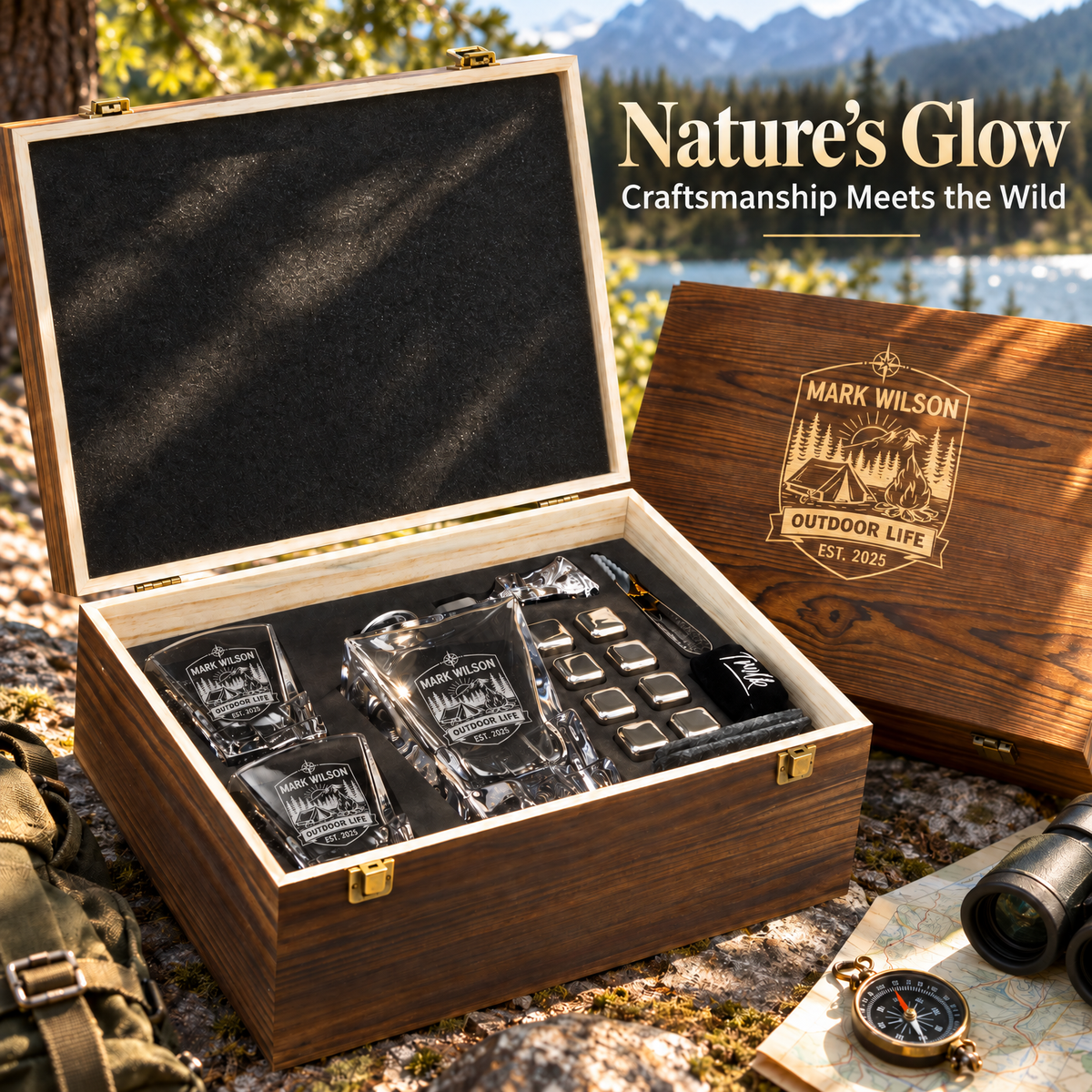 Gift for Outdoorsmen – Rocks Decanter Set with 2 Glasses, 8 Whiskey Cubes & Wooden Box – image 12