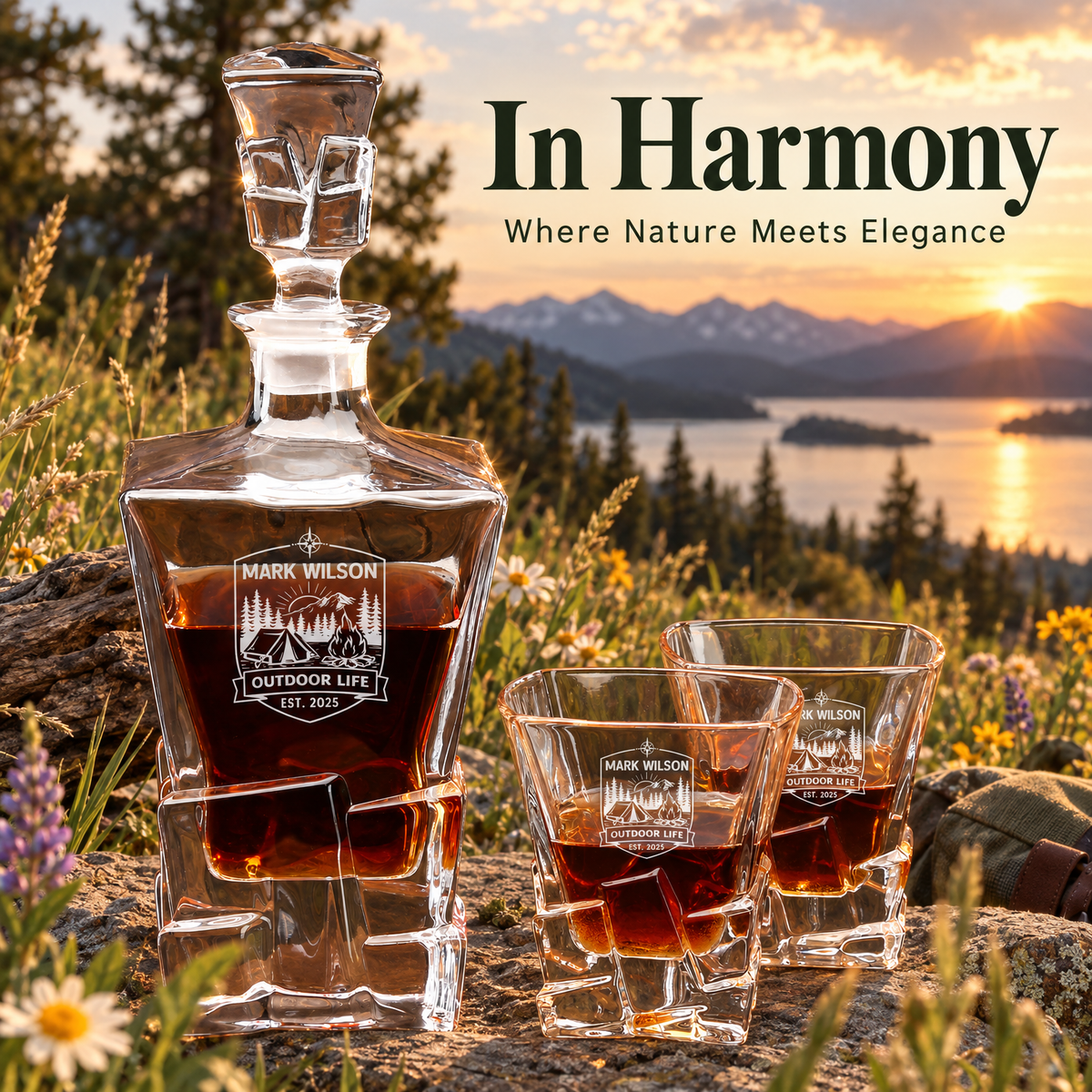 Gift for Outdoorsmen – Rocks Decanter Set with 2 Glasses, 8 Whiskey Cubes & Wooden Box product image