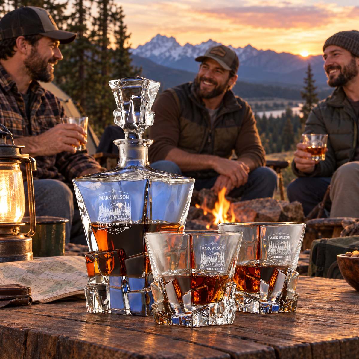 Gift for Outdoorsmen – Rocks Decanter Set with 2 Glasses, 8 Whiskey Cubes & Wooden Box product image