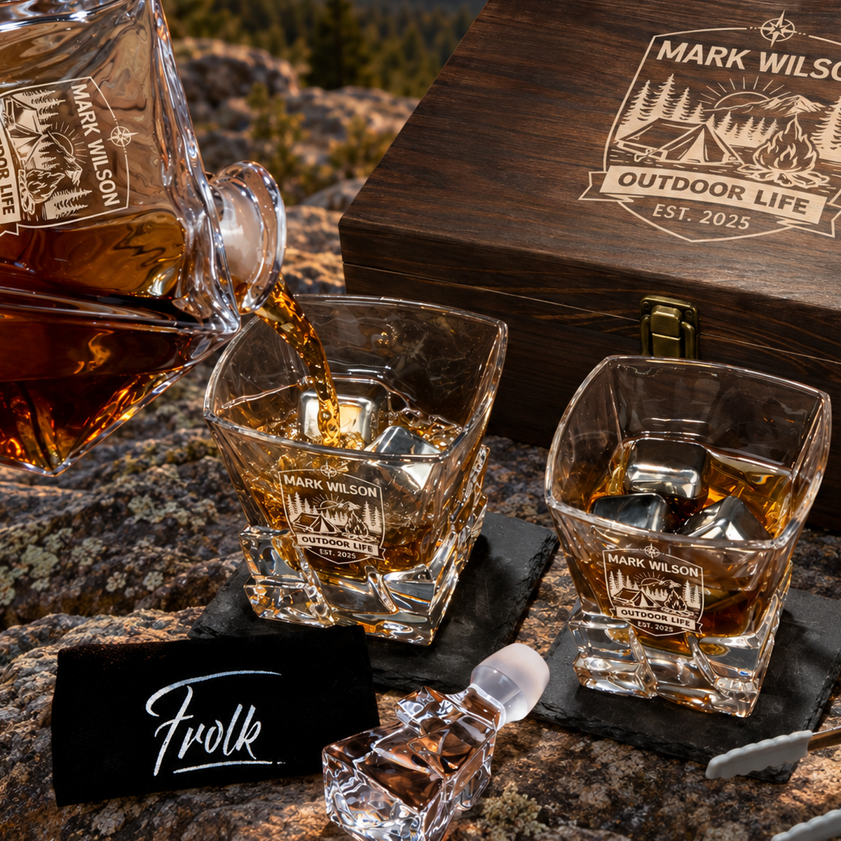 Gift for Outdoorsmen – Rocks Decanter Set with 2 Glasses, 8 Whiskey Cubes & Wooden Box product image