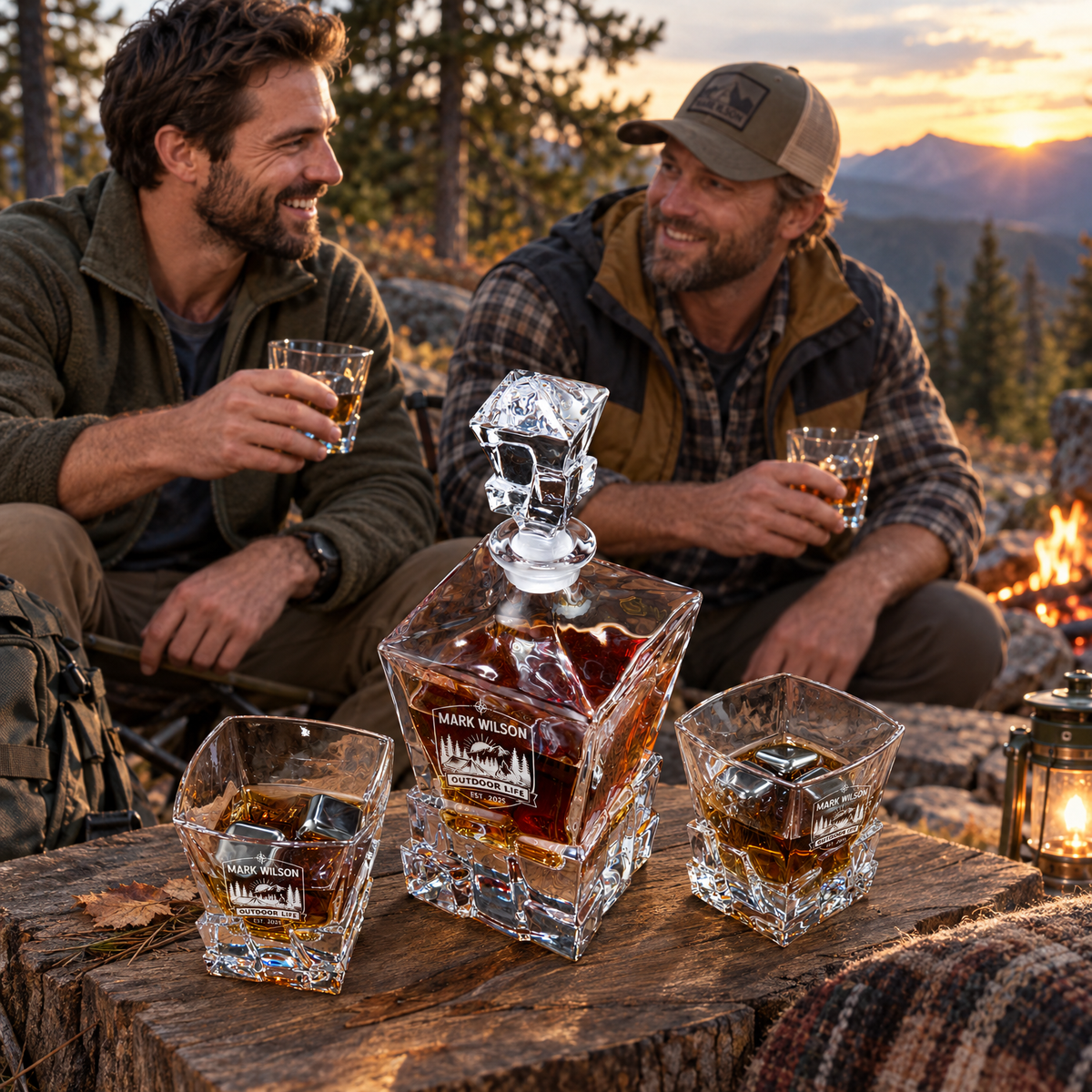 Gift for Outdoorsmen – Rocks Decanter Set with 2 Glasses, 8 Whiskey Cubes & Wooden Box product image