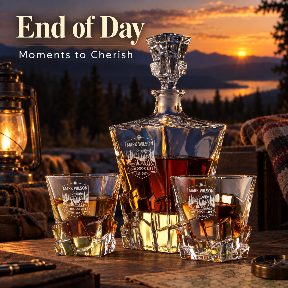 Gift for Outdoorsmen – Rocks Decanter Set with 2 Glasses, 8 Whiskey Cubes & Wooden Box – image 20
