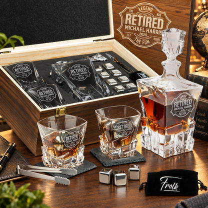 Retirement Gift – Rocks Decanter Set with 2 Glasses, 8 Whiskey Cubes & Wooden Box – image 01