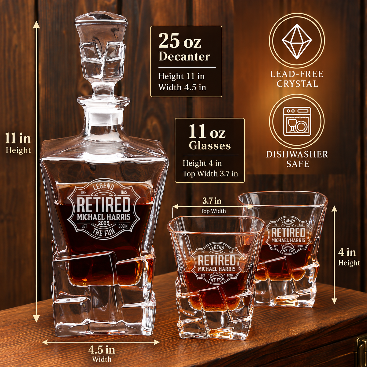 Retirement Gift – Rocks Decanter Set with 2 Glasses, 8 Whiskey Cubes & Wooden Box – image 02