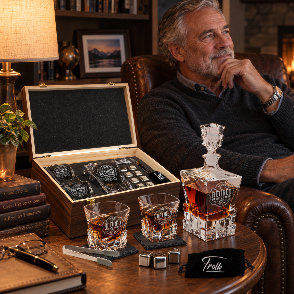 Retirement Gift – Rocks Decanter Set with 2 Glasses, 8 Whiskey Cubes & Wooden Box product image