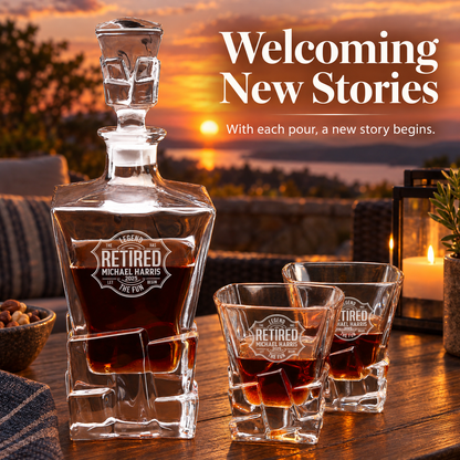 Retirement Gift – Rocks Decanter Set with 2 Glasses, 8 Whiskey Cubes & Wooden Box – image 14