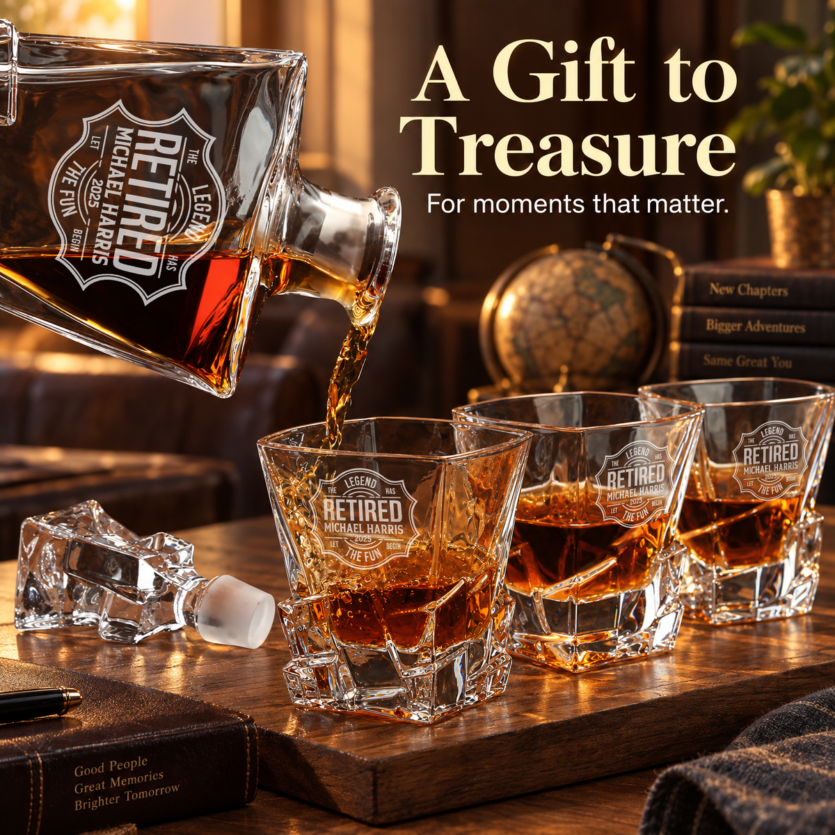 Retirement Gift – Rocks Decanter Set with 2 Glasses, 8 Whiskey Cubes & Wooden Box – image 16