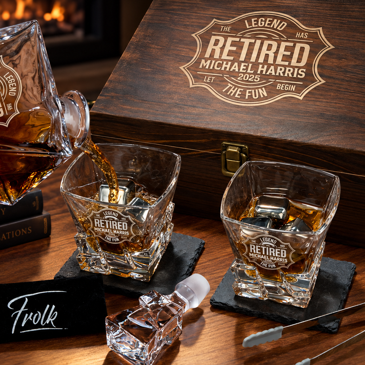 Retirement Gift – Rocks Decanter Set with 2 Glasses, 8 Whiskey Cubes & Wooden Box – image 18