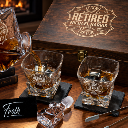 Retirement Gift – Rocks Decanter Set with 2 Glasses, 8 Whiskey Cubes & Wooden Box – image 18
