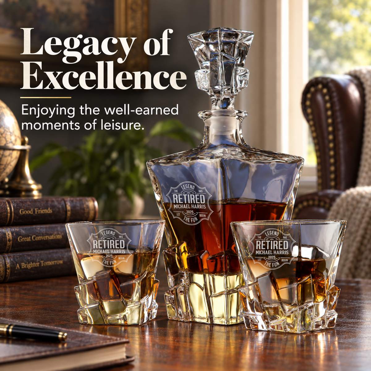 Retirement Gift – Rocks Decanter Set with 2 Glasses, 8 Whiskey Cubes & Wooden Box – image 20