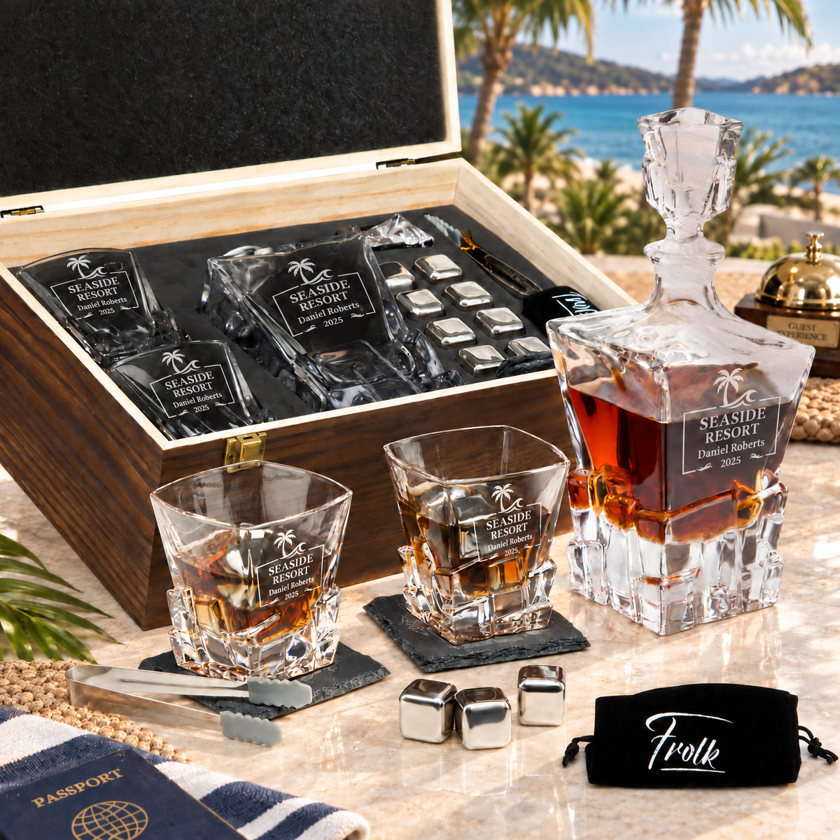 Travel & Hospitality Company Gifts – Rocks Decanter Set with 2 Glasses, 8 Whiskey Cubes & Wooden Box product image